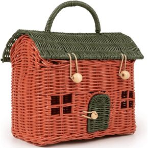 KOLWOVEN Rattan House Storage Basket with Lid - Mouse in a Box House- Small Doll house- Decorative Hand Woven Shelf Organizer Cute Handmade Handcrafted Gift Decoration Artwork Wicker (Moss green)