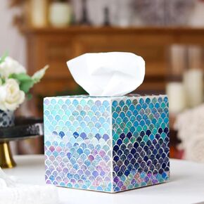 WDHODEC Mermaid Glass Tissue Box Cover Square Decorative Tissue Box Holder Handmade Wooden Tissue Box Cube for Living Room, Dining Room, Cafe, Hotel, Office