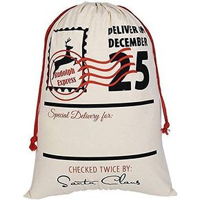 Canvas Santa Sacks Checked Twice by Santa - Drawstring Christmas Bags for Xmas Presents - Santa Sack Blanks - Eco-friendly Cotton Customizable Burlap Gift Bags - 19" x 27" (Beige)