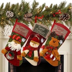 Sunnyglade 3PCS 18" Christmas Stocking Classic Large Stockings Santa, Snowman, Reindeer Xmas Character for Family Holiday Christmas Party Decorations