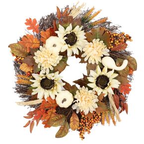 GLLBTPT Fall Wreath Full Handcrafted Autumn Front Door Wreath with Pumpkins Sunflower Berries for Halloween Thanksgiving Harvest Decoration (Sunflower)