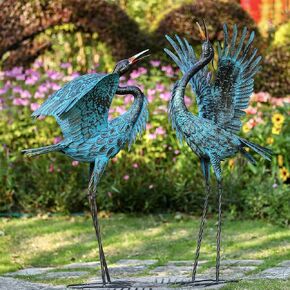 Natelf Garden Crane Sculptures & Statues, Blue Heron Decor Outdoor Large Bird Yard Art, Standing Metal Heron Lawn Ornaments for Home Patio Porch Backyard Decorations(Set of 2)