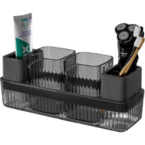 Toothbrush Holder for Bathrooms, 2 cups Toothbrush Organizer for Bathroom Countertop, Toothbrush Holder Toothbrush Storage for Shower, Tooth Brushing Holder Cup Tray and Toothpaste Caddy Black