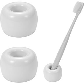 Mini Ceramic Couple Toothbrush Holder, Hand-Made Bathroom Toothbrush Holder, Electric Toothbrush Head Holder and Office Pen Holder 2-Piece Set (White)