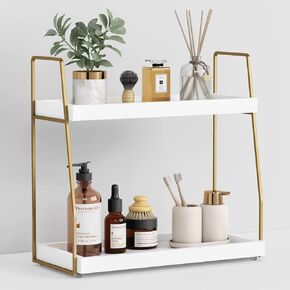 Forbena Bathroom Organizer Countertop, Counter Organizer for Bathroom Decor, Wooden Sink Organizer Shelf for Vanity Storage, Organizer Tray for Makeup Bedroom Corner (2 Tier, White and Gold)