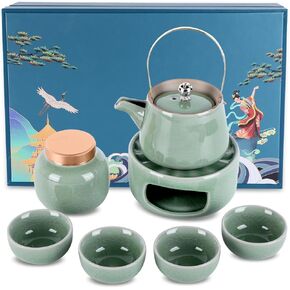 Porcelain Chinese Tea Set of 7, Handmade Ice Crack Celadon Asian Tea Set for 7 in Gifing Box, Teapot with 4 Tea Cups, 1 Tea Warmer 1 Tea Canister, Tea Maker for Blooming Loose Leaf Tea Gift Set