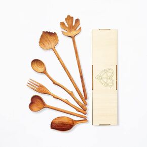 Natural Wooden Spoons and Forks Set (Set of 6), Easter Hostess Gifts for Women, Couple, Valentine's Day Ideas for Mom, Kitchen Cottagecore, Handmade Cooking Gift Ideas