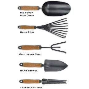 Garden Tool Set, 5 Pieces, Heavy Duty Powder Coated Steel, Cork Handle