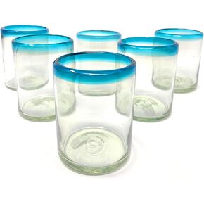 Dos Sueños Hand Blown Mexican Drinking Glasses - Set of 6 Tumbler Glasses with Aqua Blue Rims (10 oz each)