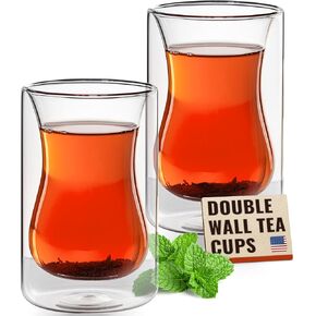 Eparé Turkish Clear Glass Tea Cups - Set of 2 Double Wall Clear Glass Coffee Mug - 6 oz Insulated Walled Transparent Glasses for Cafe Latte Espresso or Cappuccino Hot Beverages