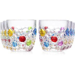 Handmade Crystal Water Glasses, Colored Beaded, Set of 6, Bubble Design, 11oz Modern Hobnail Drinking Glasses, for Water,Whiskey, Wine, Beer,Juice,Cocktail,Coffee, Gift