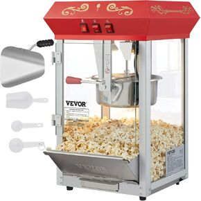 VEVOR Commercial Popcorn Machine, 12 Oz Kettle, 1440 W Countertop Popcorn Maker for 80 Cups per Batch, Theater Style Popper with 3-Switch Control Steel Frame Tempered Glass Doors 1 Scoop 2 Spoons, Red