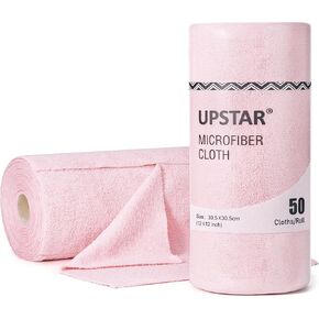 UPSTAR Microfiber Cleaning Cloth, Reusable Paper Towels Rolls, Dish Rags for Washing Dishes, Kitchen, Bathroom, Car, 12x12 inch, 50 Packs/Roll, Pink