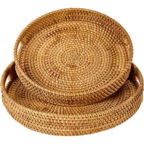 2 Pack Rattan Round Serving Tray,Natural Rattan Handles Handmade Woven Basket,Home Decorative Organizer Tray for Coffee Table, Breakfast, Drinks, Snack, Bread, Fruit, Vegetables(Set of 2: M+L)