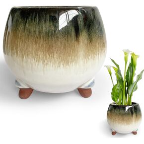 Unique 5 Inch Ceramic Planter Pot for Indoor Outdoor Plants, Handmade Glazed Orchid Flower Pots with Drainage Hole, Modern Ball Planter (Smoked Color)