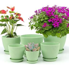 Plant Pots with Drainage Holes and Trays Pack of 6 Pots 7.5/6.5/5.5/4.9/4.2/3.5 Inches Pots for Plants, Flower Planters Pots for Indoor Outdoor Plants, Green