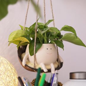Hanging Swing Chair Planter Pot Smile Face Plant Pot for Indoor Outdoor Plants Cute Head Flower Pots for Succulent String of Pearls Unique Gift on Mother's Day, Birthday, Christmas