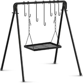 Campfire Swing Grill Stand Adjustable Grill Campfire Cooking Stand Hanging Grill Rack with 8 Hooks and Accessories Campfire Cooking Equipment for BBQ Picnic Outdoor Cookware Party