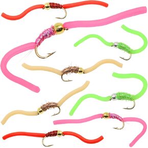 The Fly Crate Improved San Juan Squirmy Wormy Trout Worm Fly Assortment (12 Pack Tungsten Bead)