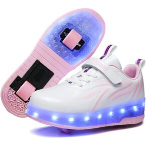 Qneic USB Rechargeable Roller Shoes Sneakers for Boys Girls Kids Gift LED Light Up Wheels Shoes Roller Skates