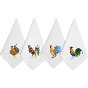 Embroidered Cotton Handmade Napkin, Cloth Napkins Set 4 18"x18" Mix Chicken Napkin Square Fabric, Dining Room, Napkins Cloth Machine Washable, Cotton Cloth Napkins with Hemstitch, Great Present