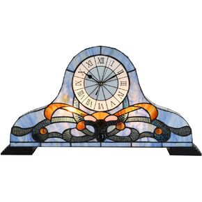 Bieye L10661 Baroque Desk Clock Tiffany Style Stained Glass Accent Table Lamp for Living Room Bedside Home Decoration, Night Light with Quartz Watch Inside (Blue)