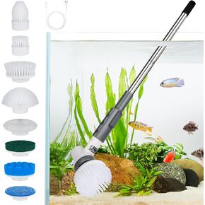 AQQA 8-in-1 Aquarium Cleaning Kit Electric Spin Scrubber Glass Cleaner Cordless Rechargeable IPX9 Waterproof Handheld Fish Tank Cleaning Brush Algae Scrapers Cleaning Tools