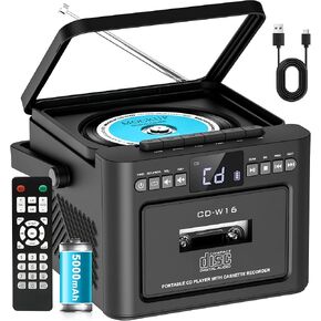 Greadio Rechargeable CD Player Boombox with Cassette Player, Bluetooth Receive/Transmit/FM Radio/USB/TF/AUX Combo, Boom Box with 5000mAh Battery, Remote Control, CD Boombox Players for Home Outdoor