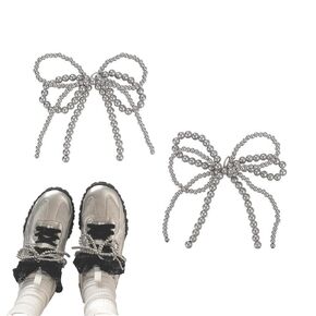 2 Pcs Pearls Bow Shoe Charms for Sneakers, Elegant DIY Shoe Lace Decoration, Buckle Pearl Beaded Chain Accessories for Women, Dress Shoes, Wedding Gift Jewelry (1 Pair Silver)