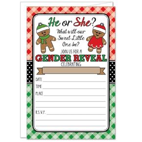 20 Christmas Gingerbread Gender Reveal Party Invitations with Envelopes