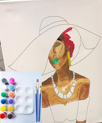 Afro Lady in Hat DIY Paint and Sip Pre drawn Painting Canvas in Saudi Arabia