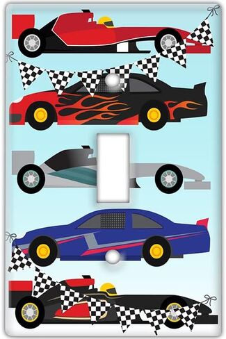 Decorative Wall Switch Cover Plate - Race Cars Child Decor Switch Plate - Great for Nursery Room With Blues, Reds, Oranges, and Blacks (Single Toggle Switch Cover) in Saudi Arabia