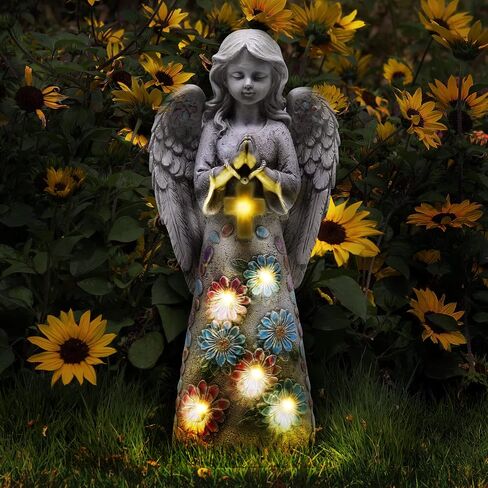 Angel Garden Figurine Outdoor Statue, Solar Garden Sculpture with 7 LEDs Welcome Sign Resin Praying Angel Art Decor for Patio Lawn Yard Porch Decoration, Housewarming Gift in Saudi Arabia