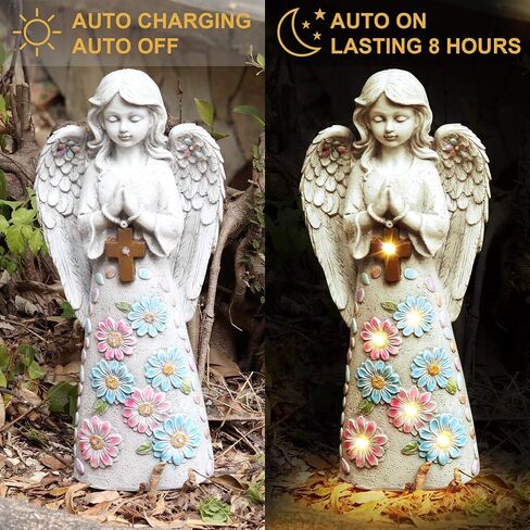 Angel Garden Figurine Outdoor Statue, Solar Garden Sculpture with 7 LEDs Welcome Sign Resin Praying Angel Art Decor for Patio Lawn Yard Porch Decoration, Housewarming Gift in Saudi Arabia