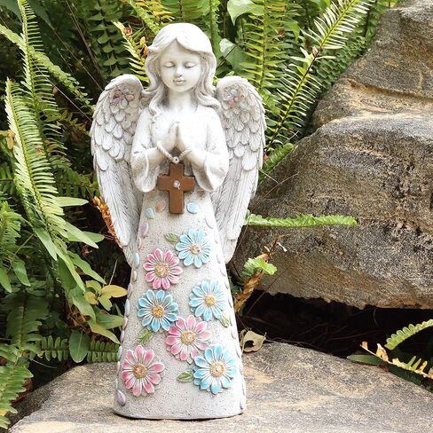 Angel Garden Figurine Outdoor Statue, Solar Garden Sculpture with 7 LEDs Welcome Sign Resin Praying Angel Art Decor for Patio Lawn Yard Porch Decoration, Housewarming Gift in Saudi Arabia