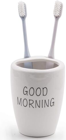 Airmoon Mini Ceramics Handmade Couple Toothbrush Holder Stand for Bathroom Vanity Countertops, Goog Morning, Versatile (Good Morning)… in Saudi Arabia
