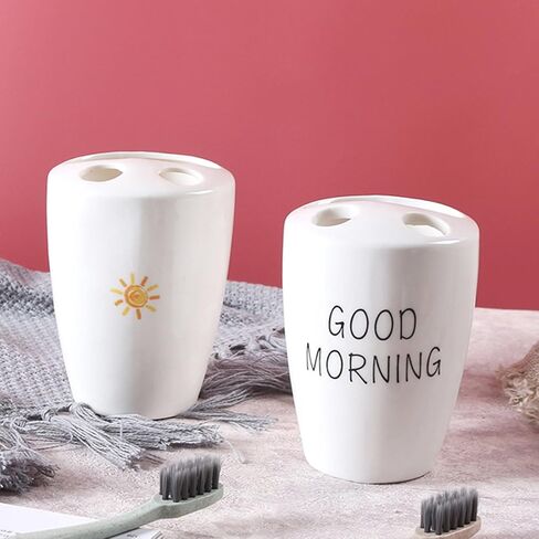 Airmoon Mini Ceramics Handmade Couple Toothbrush Holder Stand for Bathroom Vanity Countertops, Goog Morning, Versatile (Good Morning)… in Saudi Arabia