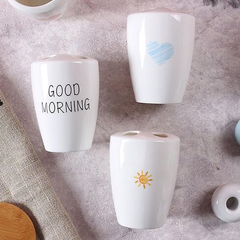 Airmoon Mini Ceramics Handmade Couple Toothbrush Holder Stand for Bathroom Vanity Countertops, Goog Morning, Versatile (Good Morning)… in Saudi Arabia