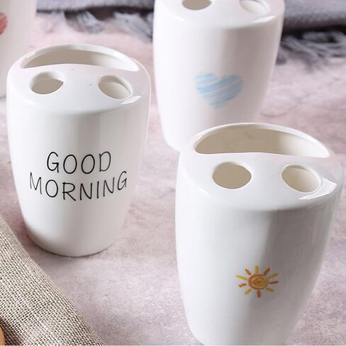 Airmoon Mini Ceramics Handmade Couple Toothbrush Holder Stand for Bathroom Vanity Countertops, Goog Morning, Versatile (Good Morning)… in Saudi Arabia