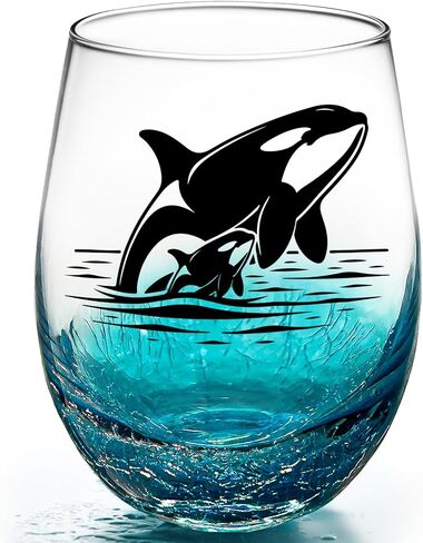 Whale Stemless Wine Glasses: Handmade Crackle Teal Beach Wine Glass for Women, Ocean Themed Birthday Day Gifts 18 Ounces - Set of 1 in Saudi Arabia