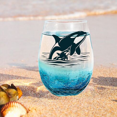 Whale Stemless Wine Glasses: Handmade Crackle Teal Beach Wine Glass for Women, Ocean Themed Birthday Day Gifts 18 Ounces - Set of 1 in Saudi Arabia