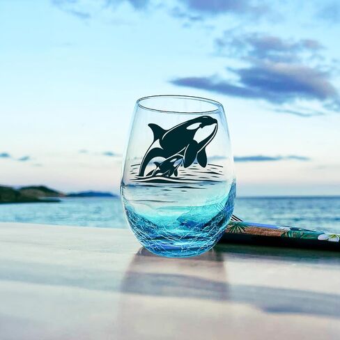 Whale Stemless Wine Glasses: Handmade Crackle Teal Beach Wine Glass for Women, Ocean Themed Birthday Day Gifts 18 Ounces - Set of 1 in Saudi Arabia