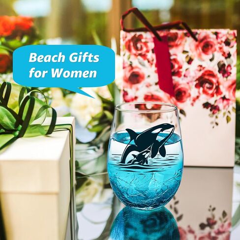 Whale Stemless Wine Glasses: Handmade Crackle Teal Beach Wine Glass for Women, Ocean Themed Birthday Day Gifts 18 Ounces - Set of 1 in Saudi Arabia