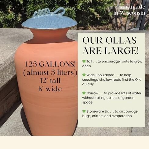 Large Olla Garden Watering Pot - 1.25 Gallon Terracotta Pot with Slate Blue Lid - Buried Porous Pots for Garden Irrigation - Low Tech-Highly Efficient Self Watering System for Garden in Saudi Arabia