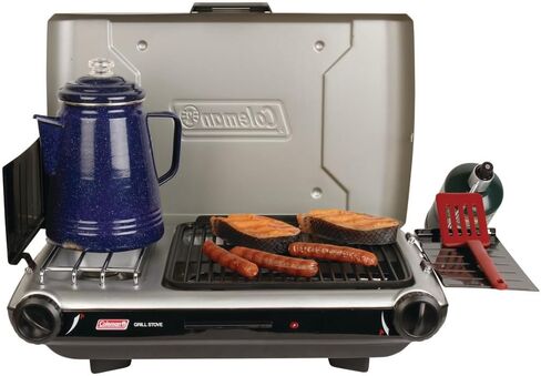 Coleman Tabletop 2-in-1 Grill & Stove with 2 Adjustable Burners, Propane Grill/Stove with Push-Button Starter, Wind Guards, Grease Tray, & 20,000 BTUs of Power for Camping, Tailgating, & More in Saudi Arabia