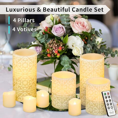 FURORA LIGHTING Pink Real Wax Flameless Candles with Remote and Timer, 4 Pillars and 4 Votives Pack of 8, LED Flickering Candles for Home Décor, Battery Included in Saudi Arabia