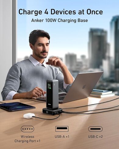 باور بانك Anker Prime بقدرة 27,650 مللي أمبير في الساعة (250 واط) مع قاعدة شحن 100 واط، وشاحن محمول بثلاثة منافذ، وتطبيق ذكي، متوافق مع سلسلة iPhone 16/15/14، وMacBook، وSamsung، وDell، وAirPods in Saudi Arabia