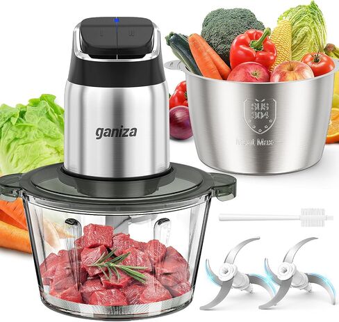 Ganiza Food Processor, 2-Speed Food Chopper Meat Grinder with 8 Cup Stainless Steel & 8 Cup Glass Bowls, Upgraded Button & Smart Overheat Protection Light - Includes Clean Brush, 2 Sets of Blades in Kuwait
