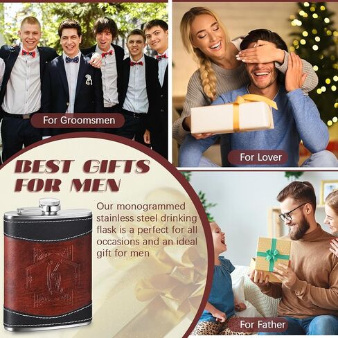 Baderke Personalized Groomsmen Flask 8 oz Leather Brown Hip Flasks for Liquor with Initials, Monogrammed Leak Proof Stainless Steel Drinking Flasks Gift for Men Dad Grandpa Birthday Wedding(Letter B) in Kuwait