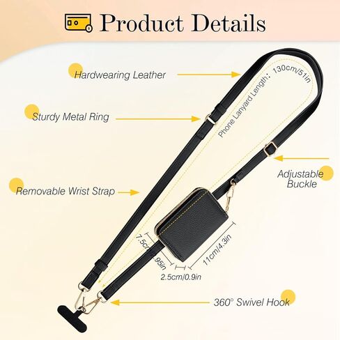 TiMOVO Clip & Go Strap Phone Lanyard، حزام الهاتف الخليوي مع حقيبة محفظة جلدية، حبل عالمي للهاتف حول الجسم قابل للتعديل حزام الرقبة متوافق مع معظم الهواتف الذكية، أسود in Saudi Arabia